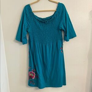Johnny Was Teal Turquoise Knit Short Sleeve Dress with Floral Embroidery M/L